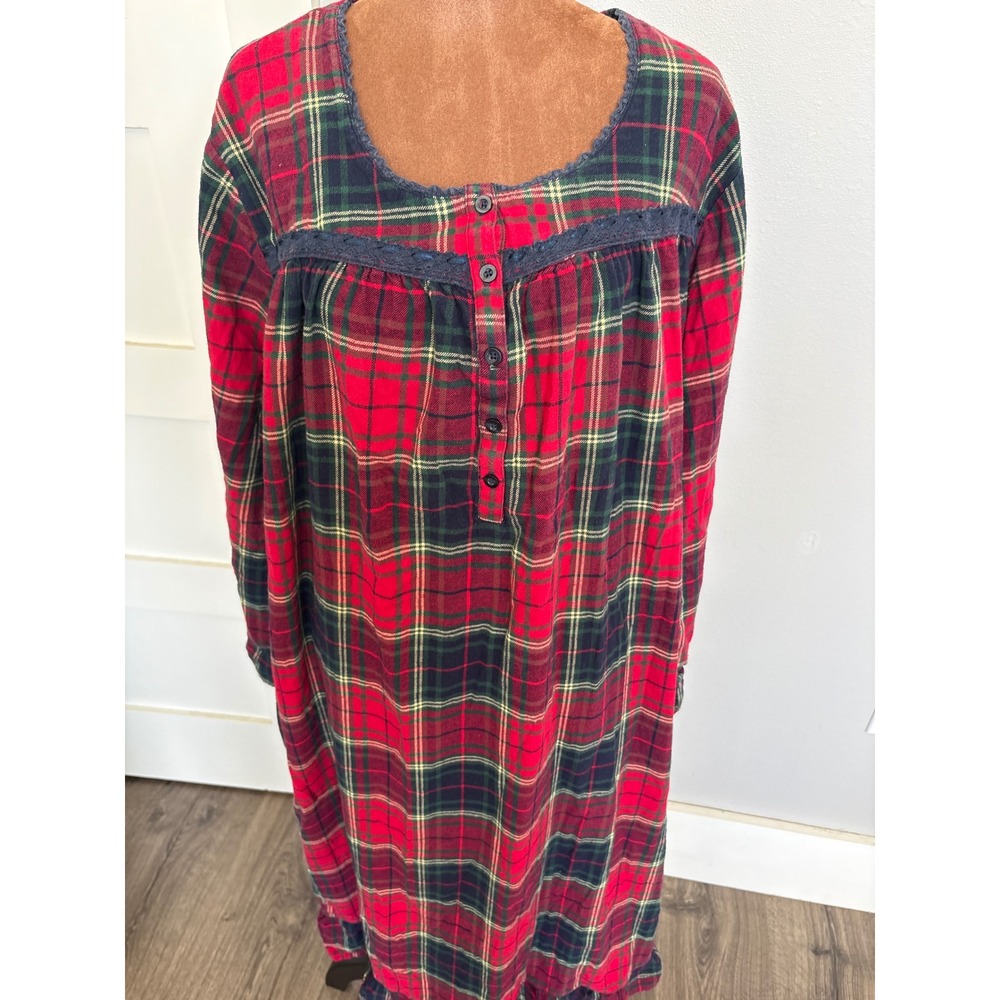 Serenada Sleepwear Red Plaid Flannel Nightgown 2X 22/24W Cotton Lace Trim Ruffle